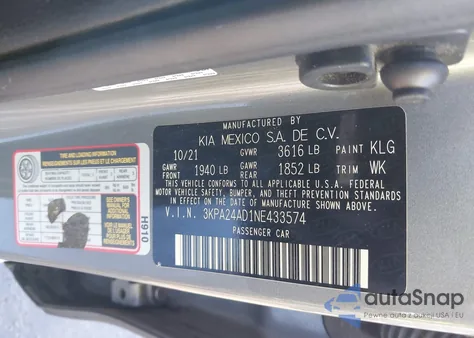 2022 Kia Rio S z USA, uszkodzony, nr VIN 3KPA24AD1NE433574